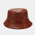 Detailed view of brown faux leather bucket hat with multi-row stitching on wide brim - M (56-58cm) / Brown