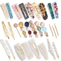 28-piece geometric acetate and pearl hair clip set with marble and metallic finishes - 28 Pieces Set D