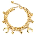 Double-layered gold Cuban chain bracelet with crescent moon and bead charms for women - Gold