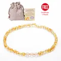 Bernstein Babykette mit Rosenquarzperlen und Leinenbeutel für Kleinkinder - Rosenquarz Gold Bernstein Halskette