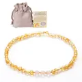 Bernstein Babykette mit Rosenquarzperlen und Leinenbeutel für Kleinkinder - Rosenquarz Gold Bernstein Halskette