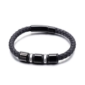 Bracciale in pelle intrecciata nera da uomo con perline in metallo e chiusura magnetica - Stile Intrecciato Nero con Perle Nero Argento (KB114137-KFC)