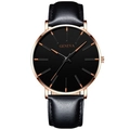 Geneva minimalist men's quartz watch with black dial and rose gold case on leather strap - Black Leather Strap Rose Gold Case Orange Pointer
