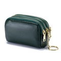 Dark green genuine leather mini coin purse with three zippers and golden keychain - Dark Green