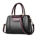 Fashionable large capacity leather handbag for women in black and burgundy contrast colors - Black