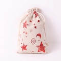 Beige burlap Christmas drawstring gift bag with red sparkling star and swirl pattern - Red Stars And Moon; 10*14cm