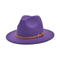 Detailed view of purple wool felt jazz fedora with brown leather belt and gold buckle - M (56-58cm) / Purple