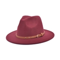 Detail of dark red wool felt jazz fedora featuring a brown leather band with metal studs - M (56-58cm) / Burgundy