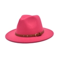 Detail of rose red wool fedora hat featuring a brown leather band with gold metal studs - M (56-58cm) / Rose Red