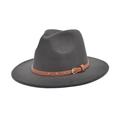 Detail of dark grey wool felt fedora with brown faux leather band and gold metal studs - M (56-58cm) / Dark Gray