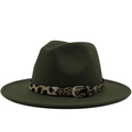 Detail of dark green wool fedora hat featuring a stylish leopard print leather band strap - M (56-58cm) / Green