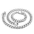 Polished silver stainless steel Cuban link necklace and bracelet set with folding clasp - Steel Color Jewelry Set