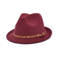 Macro detail of wine red wide brim fedora hat with studded brown faux leather band - M (56-58cm) / Burgundy