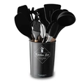 Set da 11 pezzi di utensili da cucina in silicone nero con manici in legno e secchiello - Stile con secchiello grande / Nero