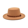 Cappello fedora in feltro di lana color cammello con nastro in pelle marrone e borchie dorate - M (56-58cm) / Cammello