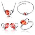 Silver jewelry set with orange heart crystals including necklace, bracelet and ring - Four-Piece Set / Lotus Red