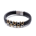 Men's black braided leather bracelet with gold-silver U-shaped links and magnetic clasp - Steel Color Style (KB115571-KFC)