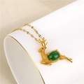 Collar de alce dorado con colgante de esmeralda verde en plato de cerámica - Cadena de Labios / Dorado (Piedra Preciosa Verde)