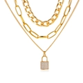 Collier multi-rangs doré à trois couches avec chaîne gourmette et pendentif cadenas pavé - Or - Style Cadenas à 3 Rangs (S314)