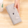 Grey long bifold wallet for women featuring a cute metal cat charm and heart embroidery - Long Style / Gray