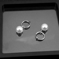 Elegant silver stainless steel hoop earrings with white faux pearl pendants for women - Clip-On Earrings / 12MM Pearl Pair / Silver/White