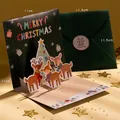 Carte de Noël 3D avec enveloppe en velours vert, motif pop-up cerf et sapin doré - Type F - HK011 Coffret de Cartes Fête de Noël