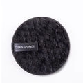 Close-up of black microfiber makeup remover sponge with a Clean Sponge logo tag - Black