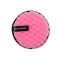Pink microfiber makeup remover puff with black trim and Clean Sponge label on white background - Pink