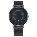 Geneva men's black mesh watch with blue index markers and date display - Blue Hands Black Dial Black Case Black Band