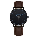 Men's minimalist quartz watch with black dial, blue markers and brown leather strap - Blue Needle Brown Strap