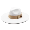 White wool fedora with wide brim, khaki ribbon and golden M emblem for men and women - Adult 57-59cm / White