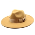 Detail of camel wool fedora hat featuring a wide brim and metallic M letter logo - Adult 57-59cm / Camel