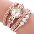 Roze wikkelhorloge voor dames met strass-parels en gouden wijzerplaat om pols - Roze