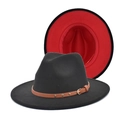 Cappelli Fedora bicolore in lana con cinturino in pelle e fibbia dorata su fondo bianco - Nero e Rosso