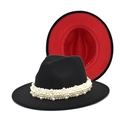 Classic wide brim fedora hat with black felt exterior, red lining and pearl accessory - M (56-58cm) / Black (Red Lining)