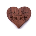 Custom heart-shaped dark walnut wood box with Jack & Rose engraving and plant motif - Engraved