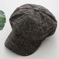 Detail of the brown plaid texture and wool blend fabric on this vintage newsboy cap - M / Large Plaid / Khaki