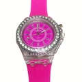 Transparent pink silicone quartz watch for women with rhinestone-studded bezel - Rose Red