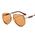 Golden aviator sunglasses with orange tinted lenses and decorative hollow metal mesh frame - Gold Frame Brown Lens