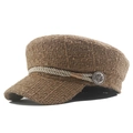 Brown tweed newsboy cap featuring white braided rope and vintage silver metal buttons - M / Khaki