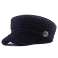 Navy blue tweed baker boy hat with gold metallic button and rope trim detail - M / Navy Blue