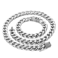 Polished silver Cuban link chain necklace and bracelet set with iced-out pave clasp - Steel Color Jewelry Set