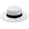 Classic white wool boater hat with a wide black ribbon band for a vintage look - White With Ribbon