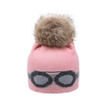Detail of pink knitted beanie featuring grey goggles pattern and fluffy faux fur pompom - Pink - Imitation Raccoon Fur Ball