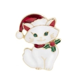 Süße weiße Weihnachts-Katzenbrosche mit roter Weihnachtsmütze und grünen Kristallen - Weiß
