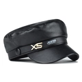 Chic black PU leather newsboy cap with gold XS metal logo and stylish leather band - M / Black Leather Metal Logo Style (1)