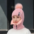Cagoule en tricot rose pour femme avec pompon en fausse fourrure et cache-cou intégré - M (56-58cm) / Rose