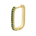 Dettaglio di orecchini rettangolari dorati con micro-pavé di zirconi verde smeraldo - Oro Zircone Verde