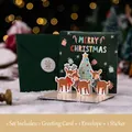 3D Pop-up Christmas card set in forest green with reindeer and matching envelope - Style F - Christmas Party Card Set