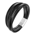Pulsera multicapa de cuero trenzado negro para hombre con cierre magnético plata - Hebilla de Acero Cuero Negro-19cm